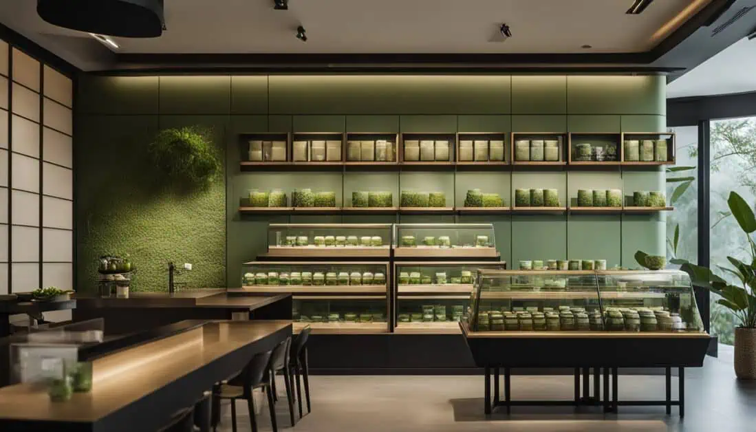 A contemporary green tea shop featuring shelves adorned with plants, ideal for purchasing matcha in Singapore.
