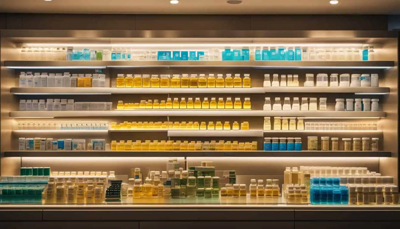 A shelf displaying various multivitamin bottles, showcasing diverse brands and types