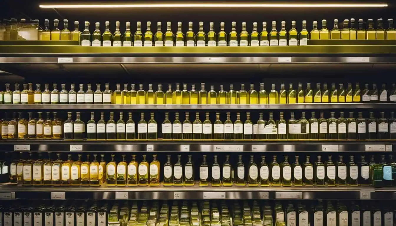 A row of olive oil bottles neatly arranged on shelves, showcasing the best place to buy olive oil in Singapore.