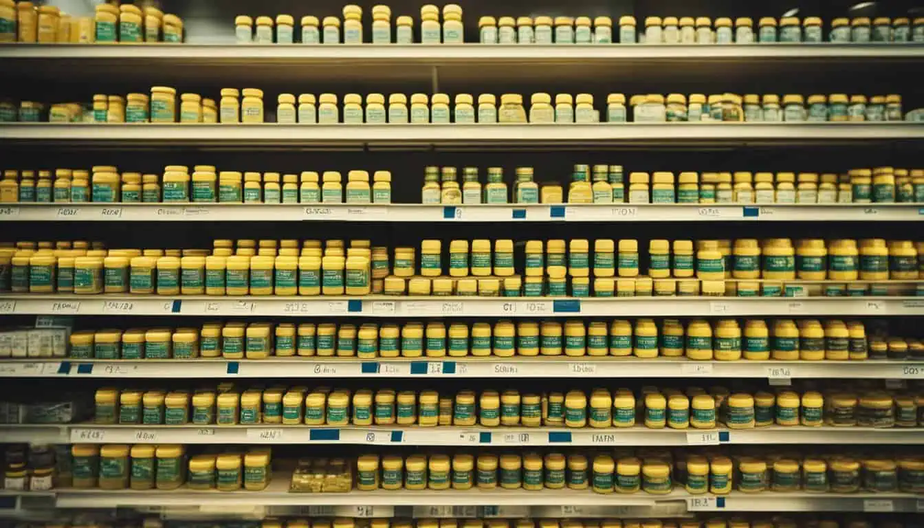 Shelves displaying an array of yellow and green bottles, showcasing omega-3 fish oil products available in Singapore.