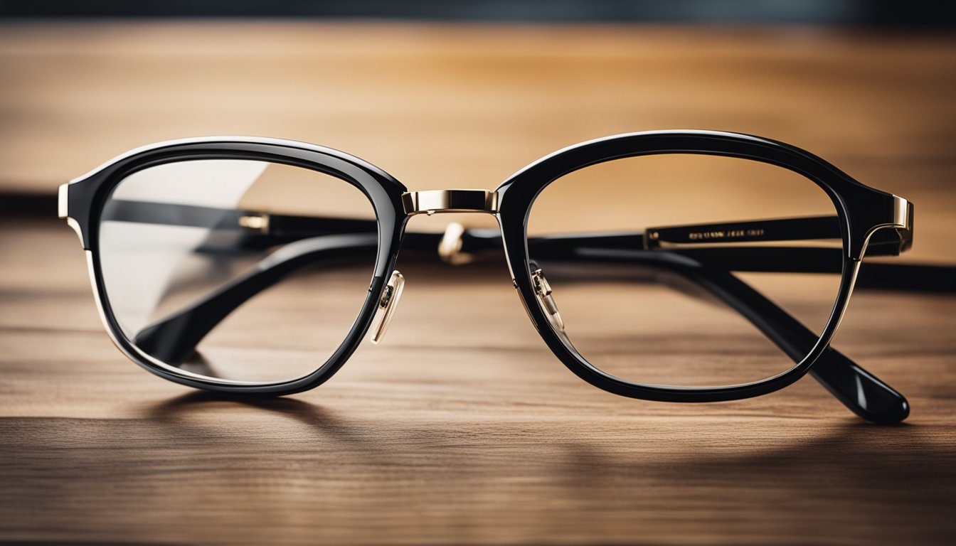 A pair of glasses rests on a wooden table, symbolizing quality eyewear available in Singapore for progressive lenses.