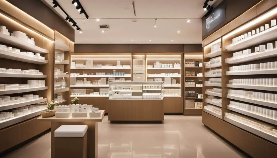 A retail space featuring shelves filled with assorted products, the best destination for retinol cream shopping.