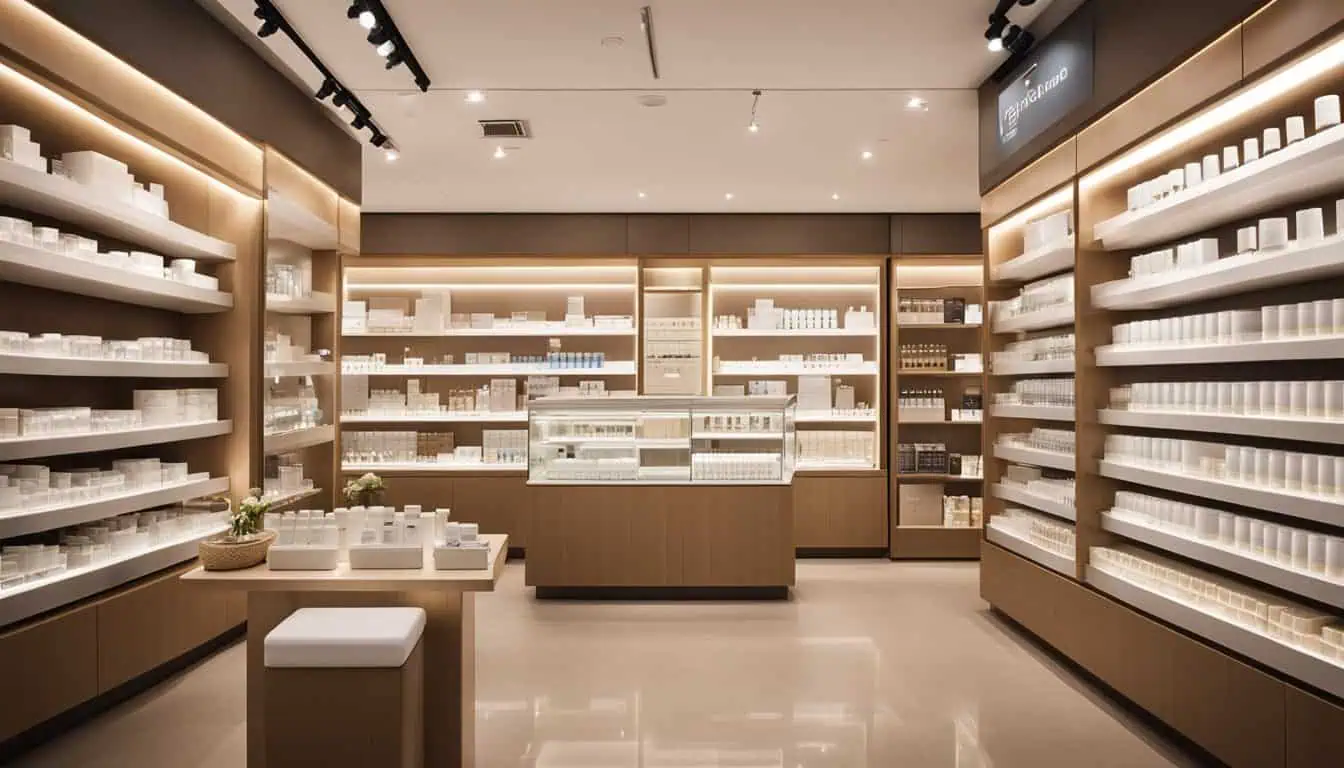 A retail space featuring shelves filled with assorted products, the best destination for retinol cream shopping.