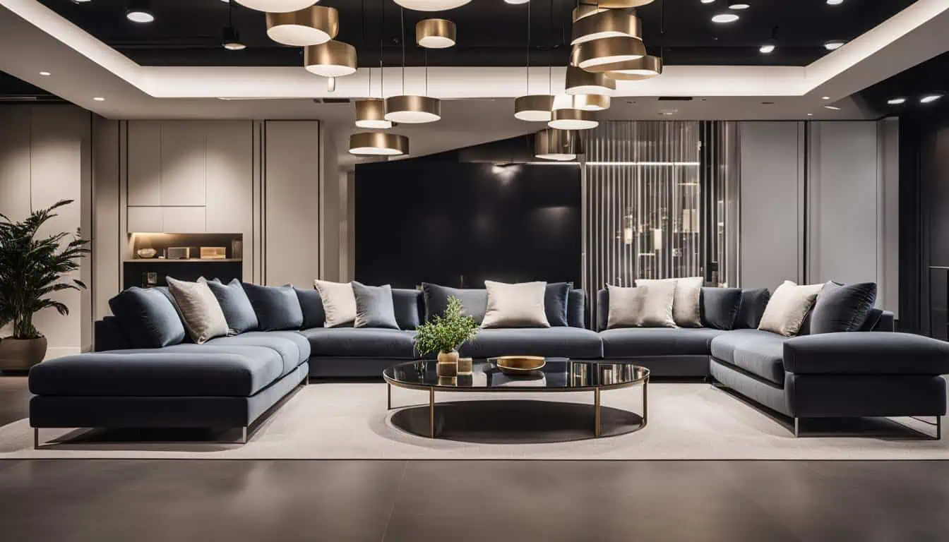 A contemporary living room featuring a sectional sofa and a stylish coffee table, ideal for relaxation and gatherings.