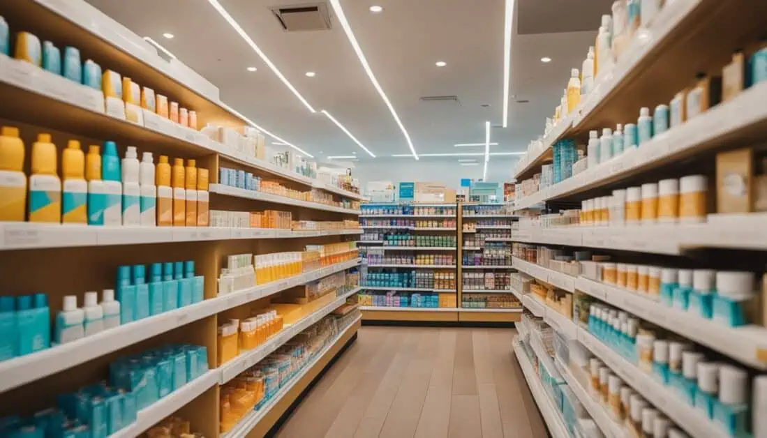 A diverse array of products in a store aisle, showcasing the top destination for sunscreens in Singapore.