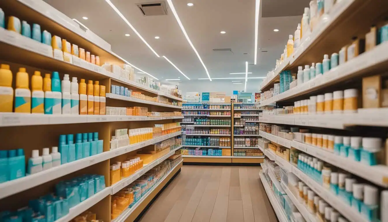 A diverse array of products in a store aisle, showcasing the top destination for sunscreens in Singapore.