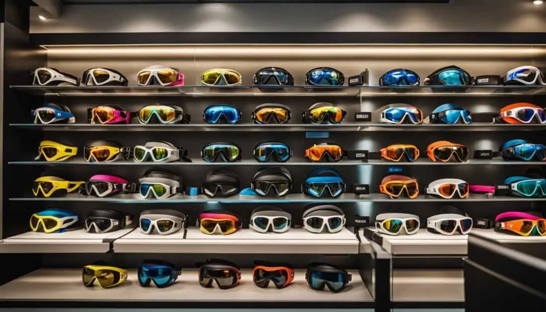 A variety of swimming goggles showcased in a store, highlighting safety gear for summer sports enthusiasts.