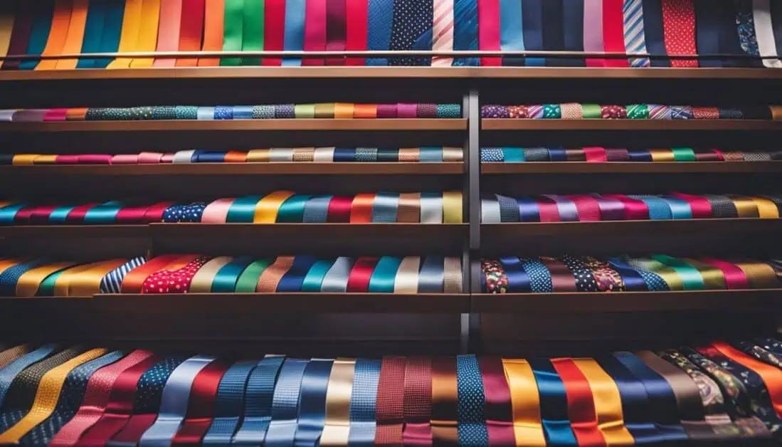 A vibrant display of ties in a store, showcasing the best place to buy ties in Singapore.