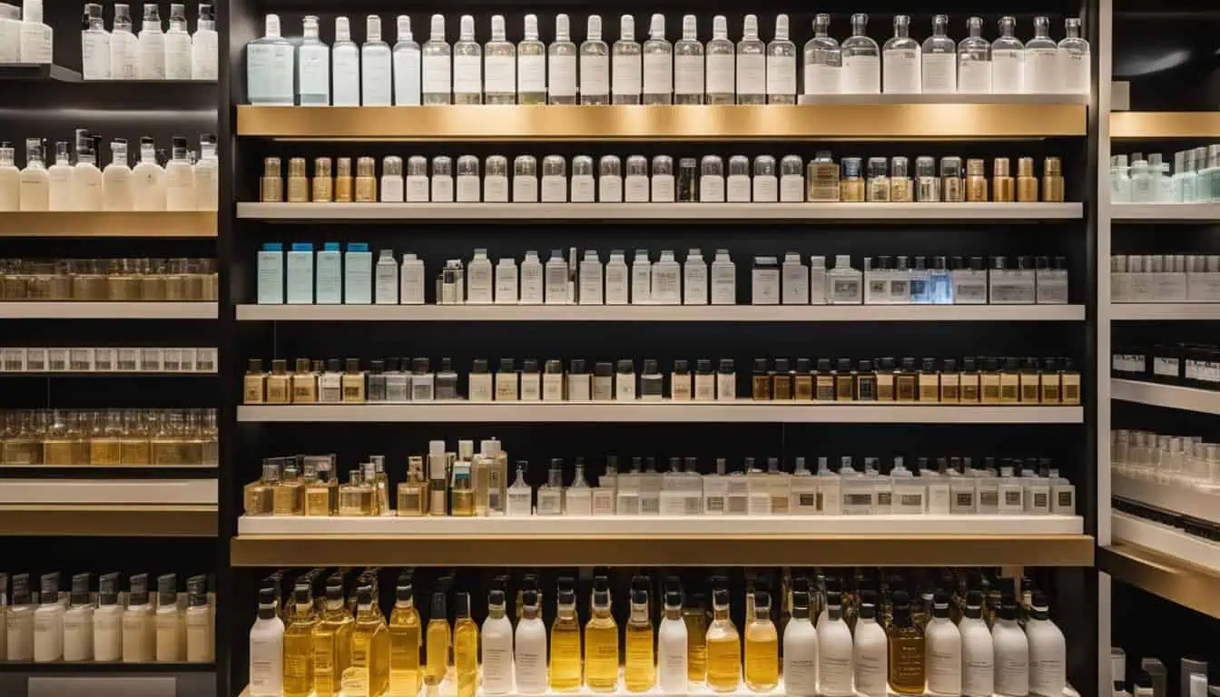 A store showcasing a variety of product bottles, ideal for purchasing alcohol-free and paraben-free toner in Singapore.
