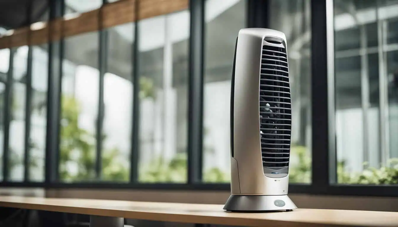 A silver and white tower fan elegantly positioned on a table, ideal for cooling in Singapore's warm climate.