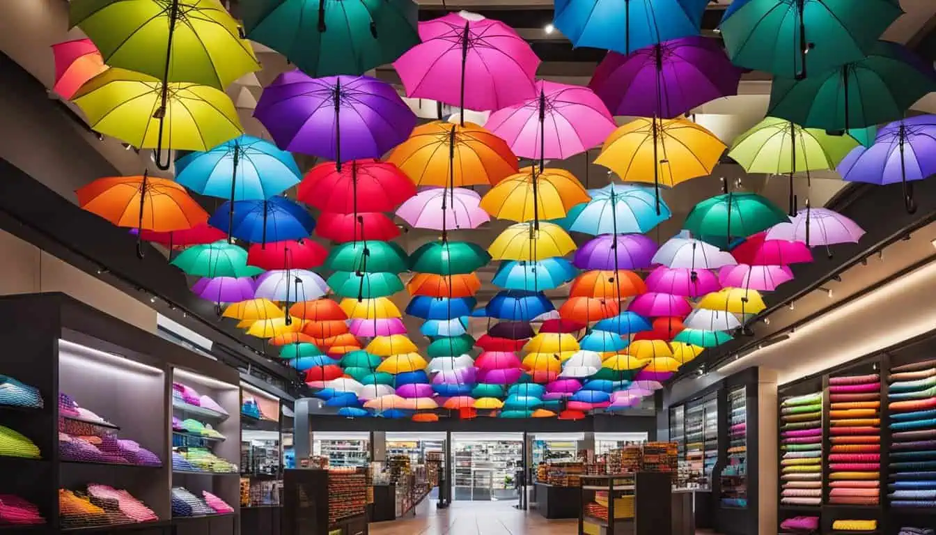 Colorful umbrellas suspended from the ceiling in a vibrant store, showcasing the best UV umbrellas in Singapore.