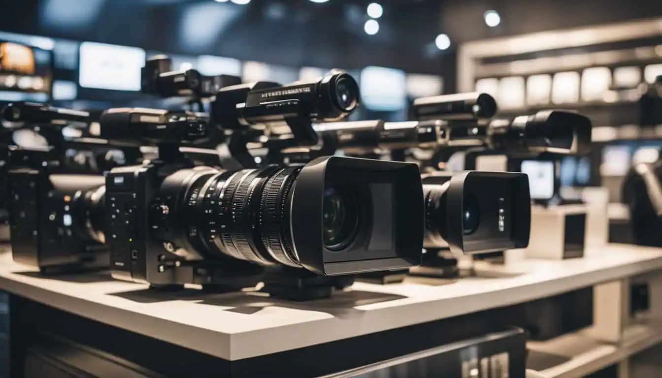 A display of various video cameras available for purchase in a Singapore store, showcasing the best options for buyers.
