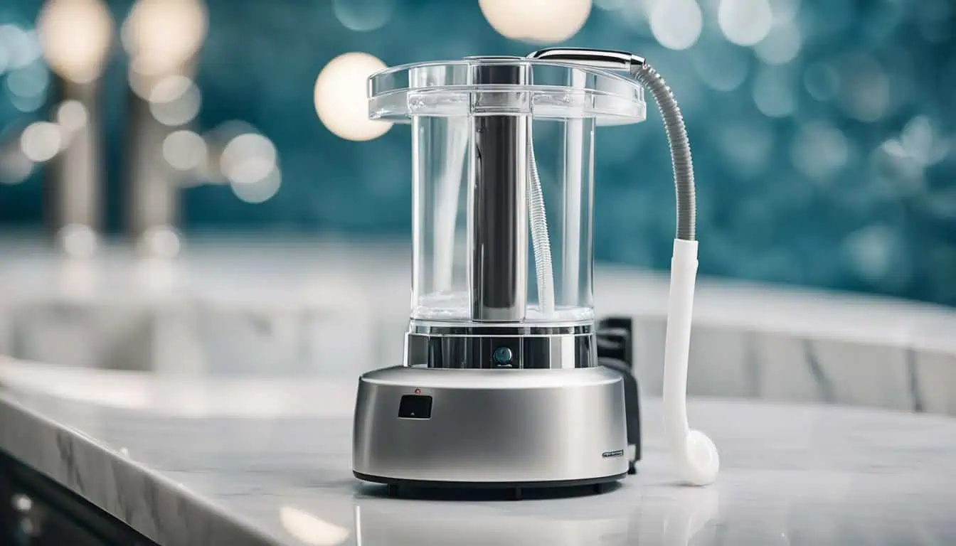 A water flosser positioned on a countertop, showcasing modern oral hygiene tools.