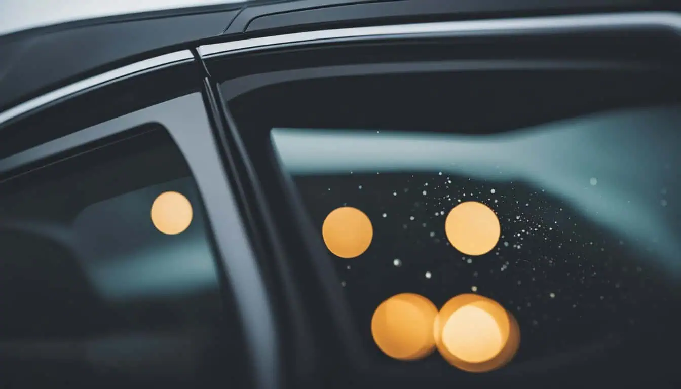 A car window featuring illuminated lights, showcasing a sleek design with a tinted finish.