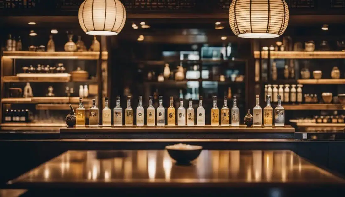 A well-stocked bar featuring an array of sake bottles, highlighting the best place to drink sake in Singapore.