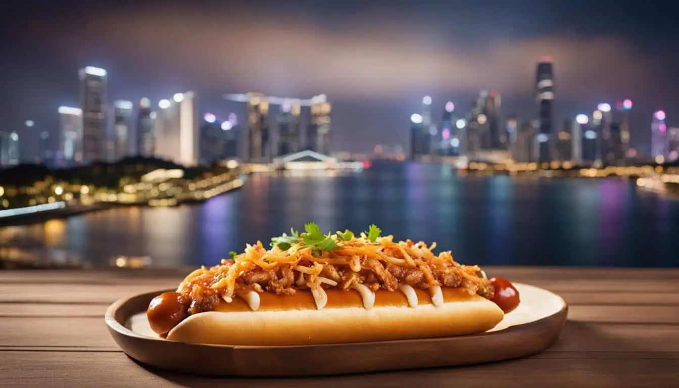 A delicious Singapore hotdog topped with chili sauce, presented on a wooden plate with a stunning night cityscape backdrop.