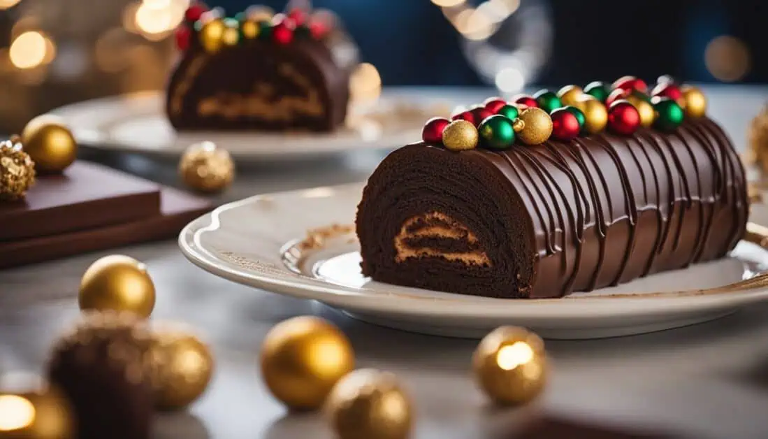 A chocolate log cake featuring Christmas decorations, highlighting a delicious treat from the best place to enjoy log cakes in Singapore.