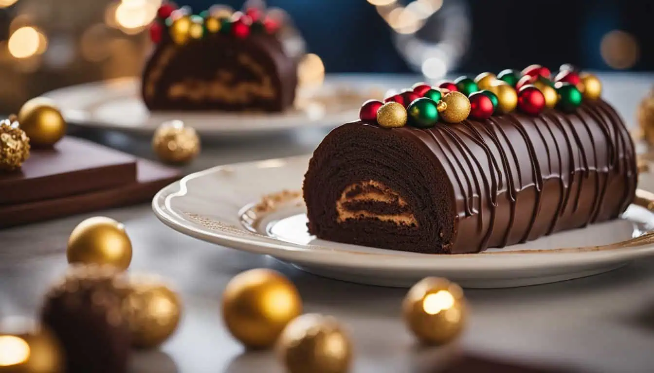 A chocolate log cake featuring Christmas decorations, highlighting a delicious treat from the best place to enjoy log cakes in Singapore.