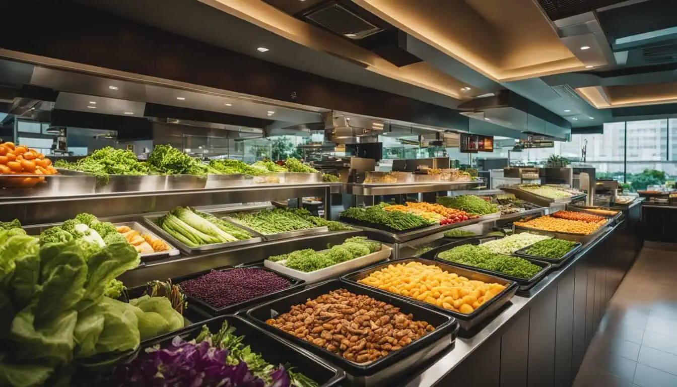 A vibrant buffet featuring an abundance of fresh vegetables and fruits, ideal for salad lovers in Singapore.