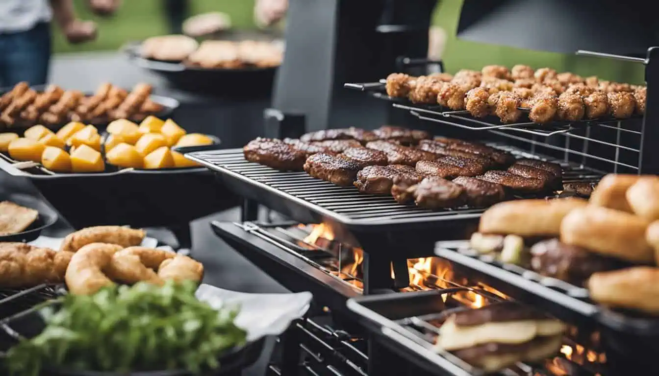 A grill filled with delicious food, surrounded by people enjoying a lively BBQ gathering in Singapore.