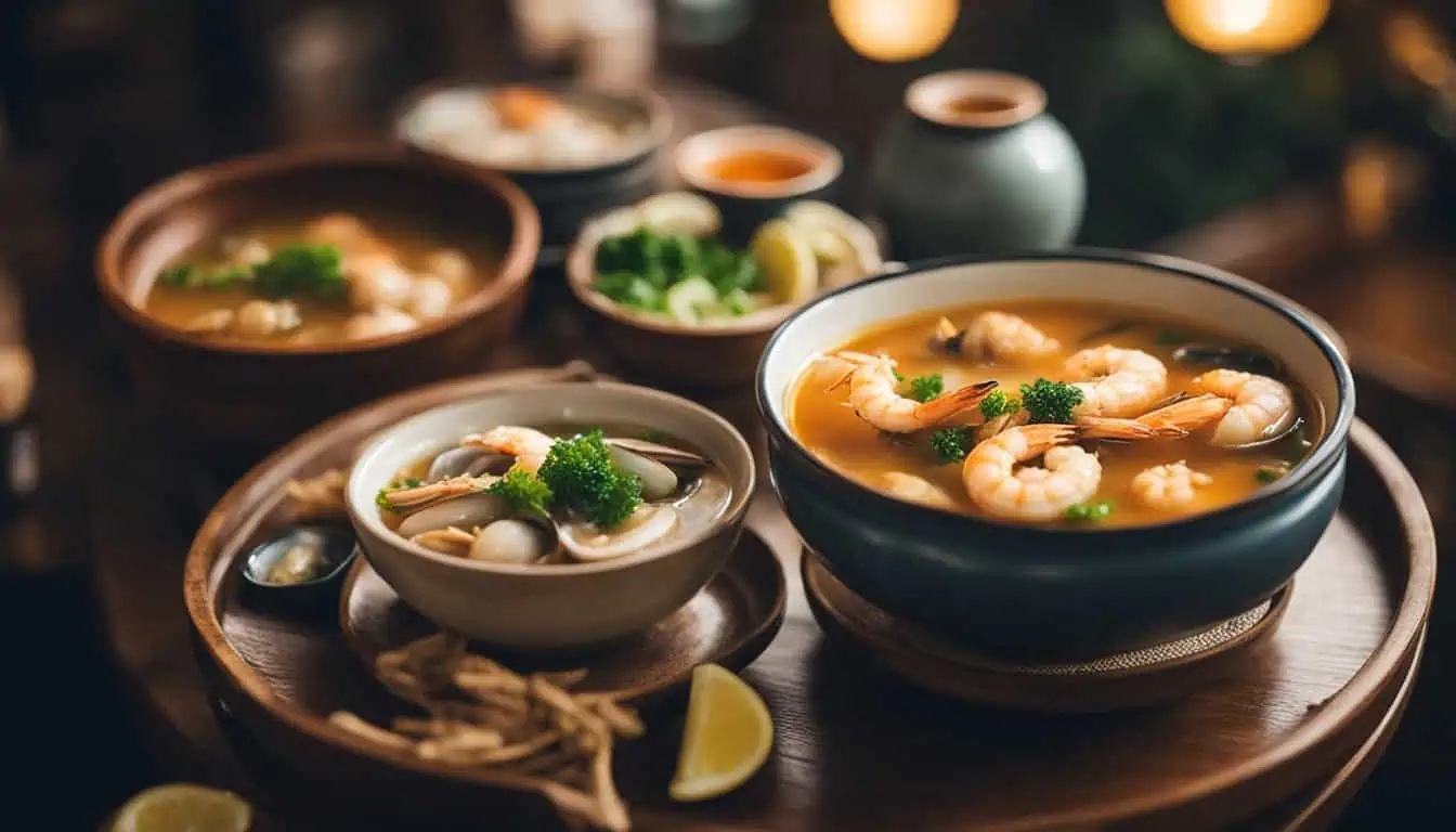 A bowl of shrimp and vegetable soup, showcasing the vibrant flavors of Singapore's best seafood soup spots.