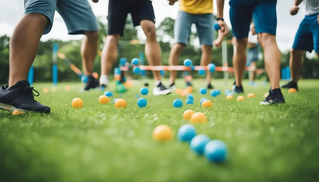A lively group of people dashing on grass with colorful balls, illustrating an engaging team building experience in Singapore.