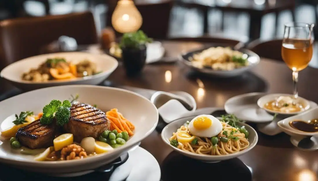 A table adorned with various dishes, showcasing a delightful spread of Western cuisine in a Singaporean restaurant.