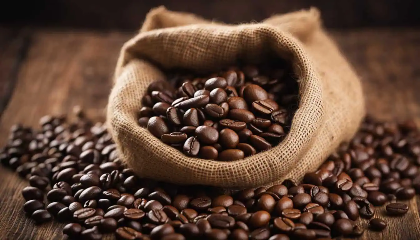 A sack of coffee beans sits on a wooden table, representing the best places to buy 3-in-1 instant coffee in Singapore.