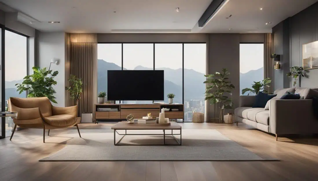 Modern living room featuring large windows and a flat-screen TV, ideal for enjoying entertainment in a bright space.