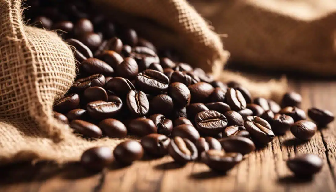 Fresh Arabica coffee beans spill from a sack on a wooden table, showcasing the rich coffee culture in Singapore.