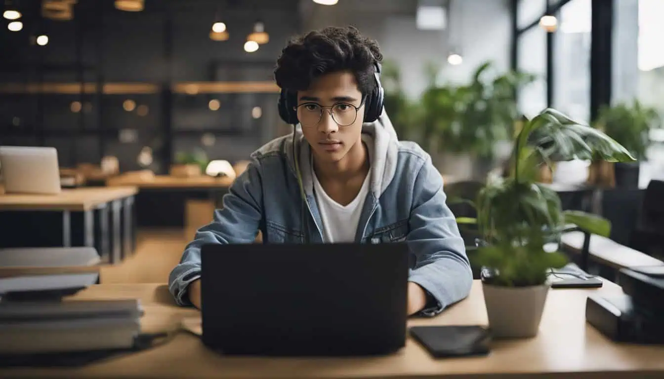A teenager wearing headphones is seated at a desk, engaged with his Asus laptop, concentrating on his tasks.