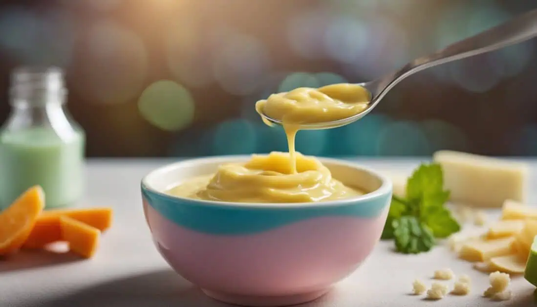 A spoonful of cheese sauce is being added to a bowl, perfect for enriching baby purees with delightful flavors.