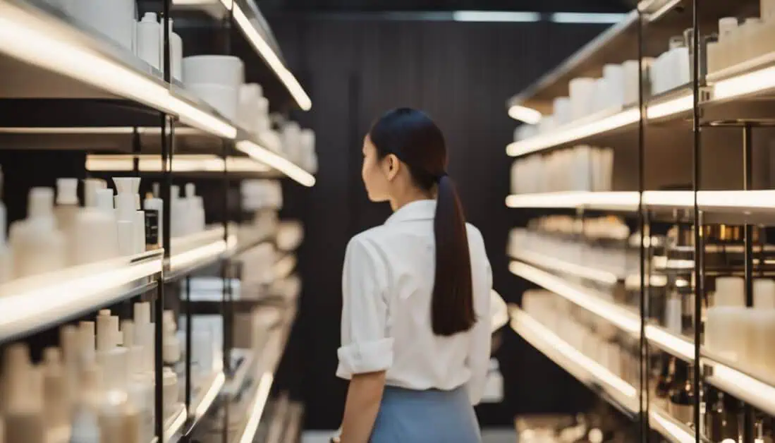A woman examines various bathroom accessories on shelves in a store in Singapore, showcasing diverse product options.
