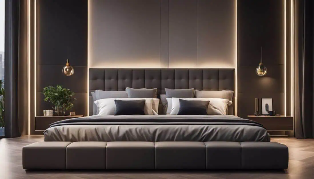 Sleek modern bedroom showcasing dark wood floors and a sophisticated bed frame, perfect for relaxation and comfort.