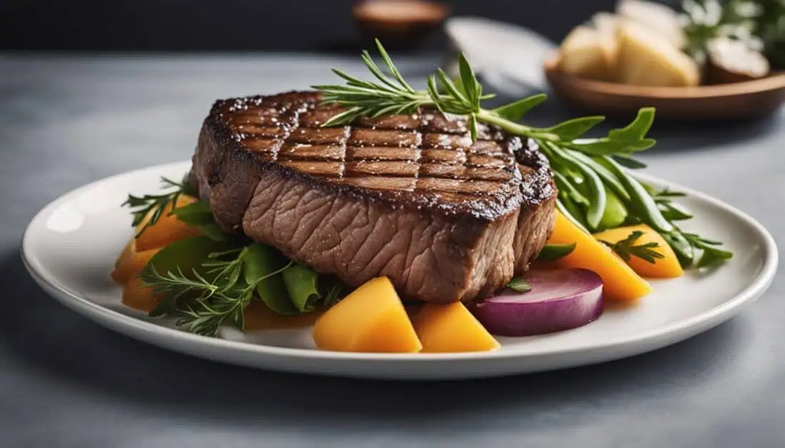 A gourmet steak served with an array of colorful vegetables and herbs, highlighting top beef steak choices in Singapore.