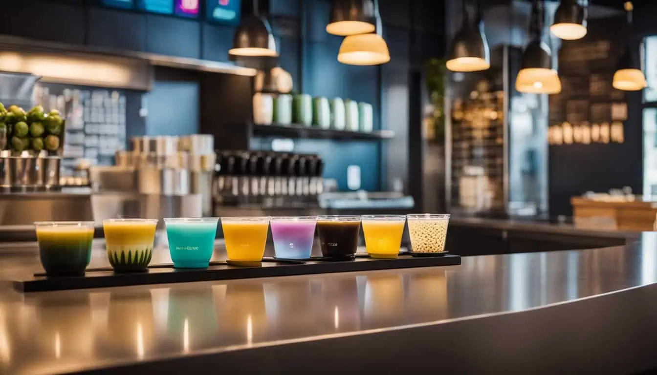 A vibrant bar showcasing an array of colorful drinks, highlighting the best bubble tea spots in Singapore.