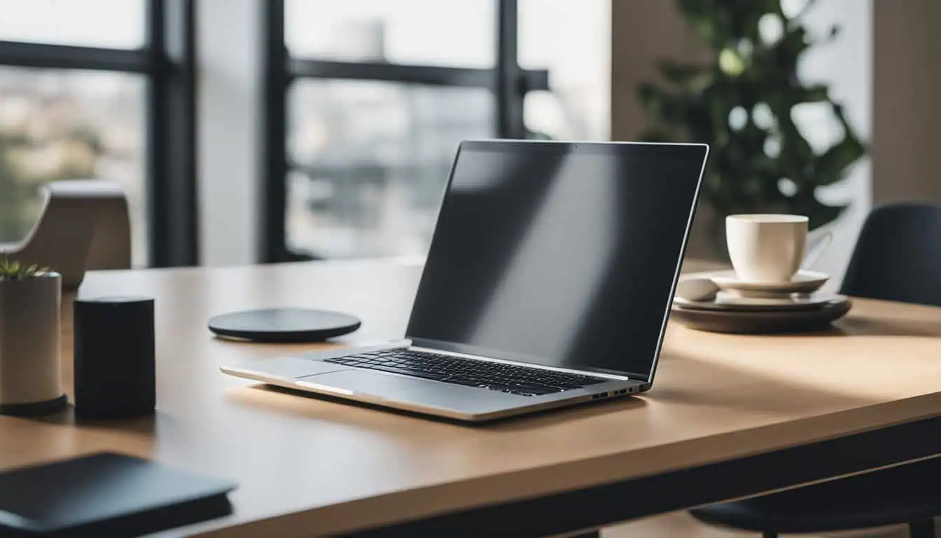 A laptop placed on a wooden desk within an office, showcasing affordable gaming laptop choices in Singapore.