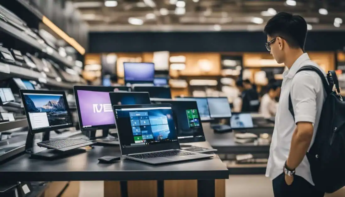 A man in front of a store displays multiple computers, emphasizing affordable laptop choices available in Singapore.