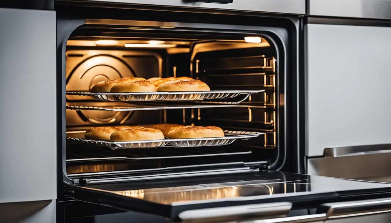 A well-lit oven containing freshly baked bread, highlighting the appeal of built-in ovens available in Singapore.