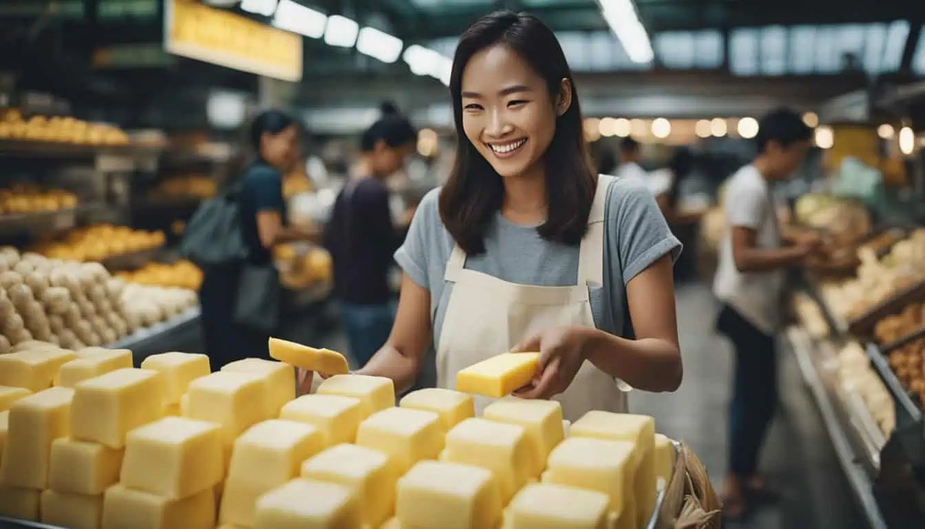 A cheerful woman holds a block of butter, radiating happiness and enthusiasm for cooking and baking.