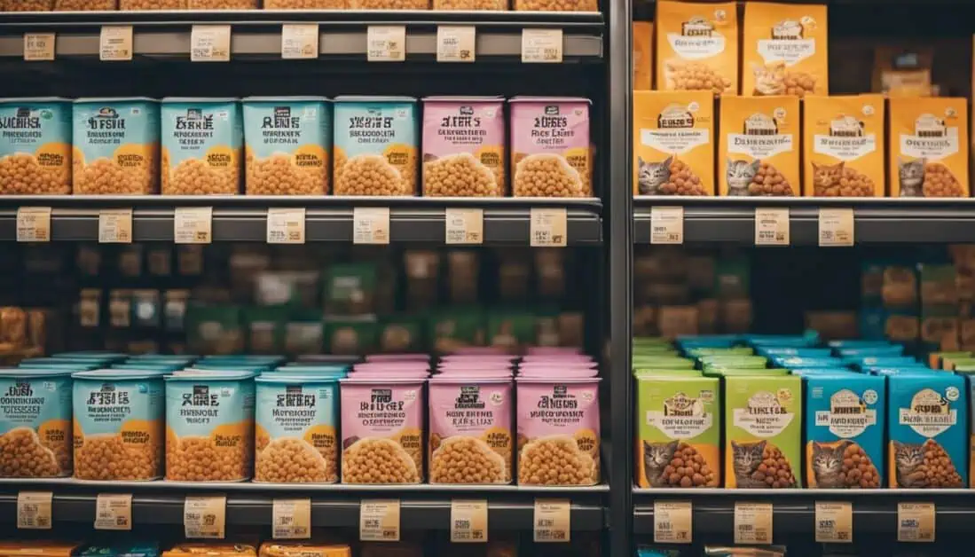 A store shelf displaying an array of colorful cereal boxes alongside cat food products.