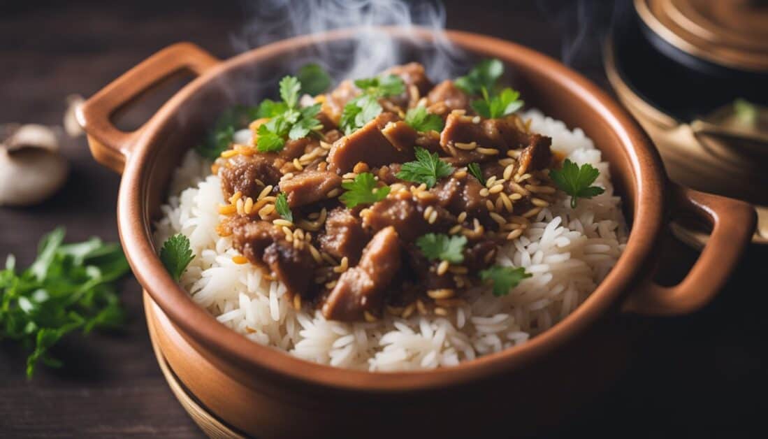A delicious plate of claypot rice accompanied by rice and meat, highlighting the culinary delights of Singapore's food scene.