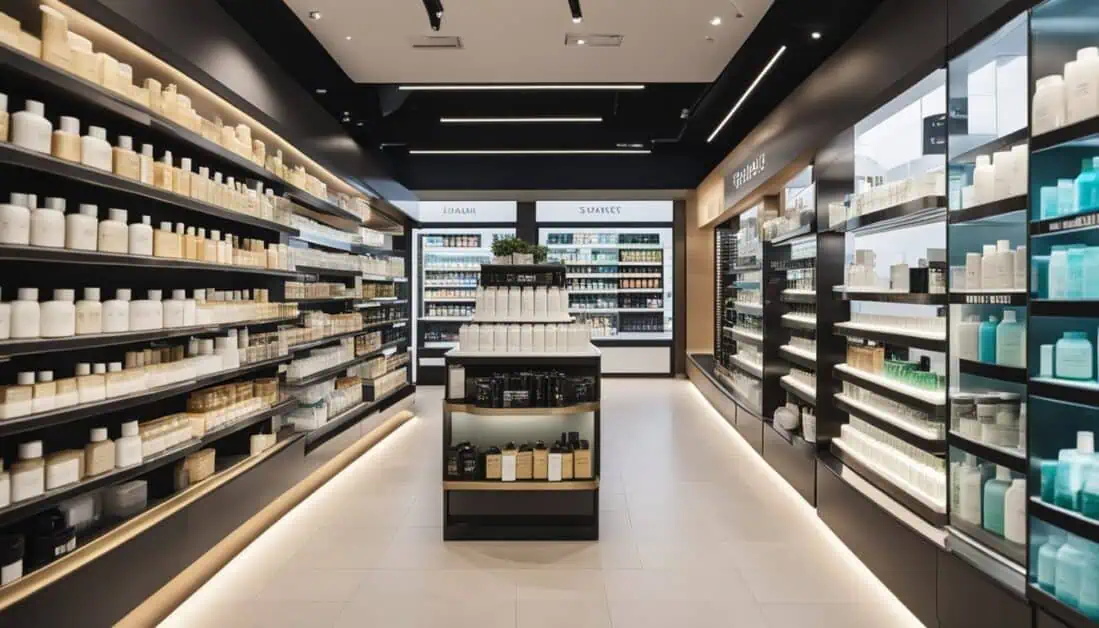 An organized store filled with shelves of beauty products, featuring a selection of cleansing milk available in Singapore.