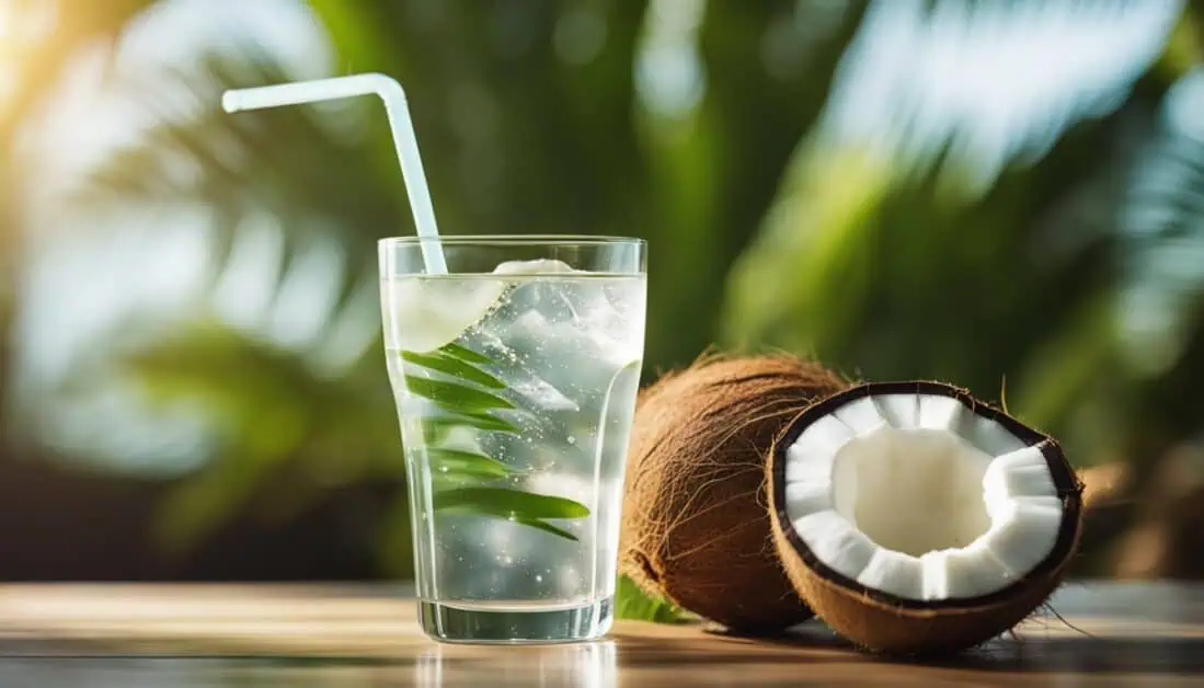 Refreshing coconut water with lime and coconut on a wooden table, highlighting the best places to buy in Singapore