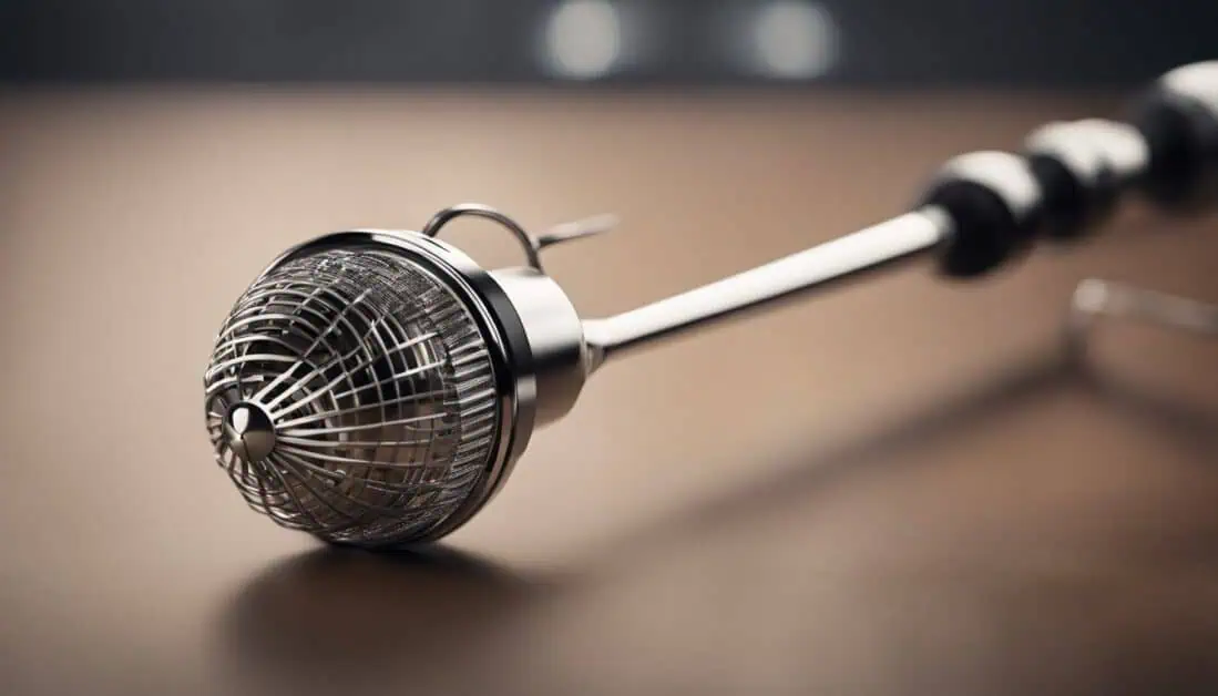 A close-up view of a metal coffee beater featuring a wire, showcasing its design and functionality for brewing coffee.
