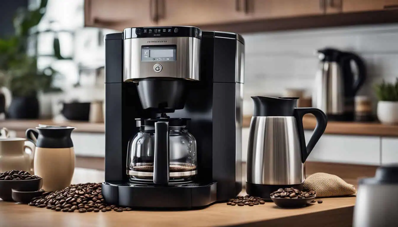 A coffee maker alongside coffee beans displayed on a countertop, highlighting options for coffee machines in Singapore.