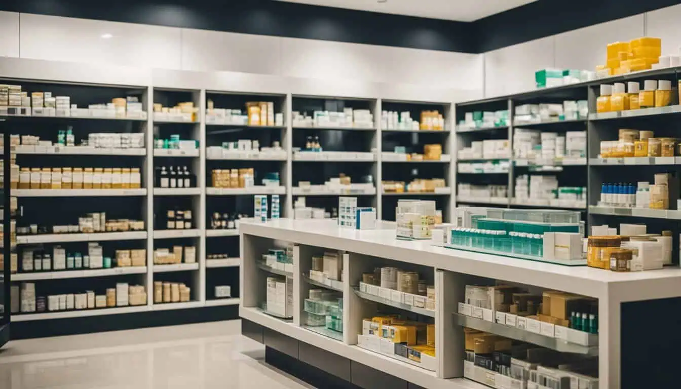 A well-organized pharmacy with shelves brimming with various health products, prominently displaying contraceptive pill options.