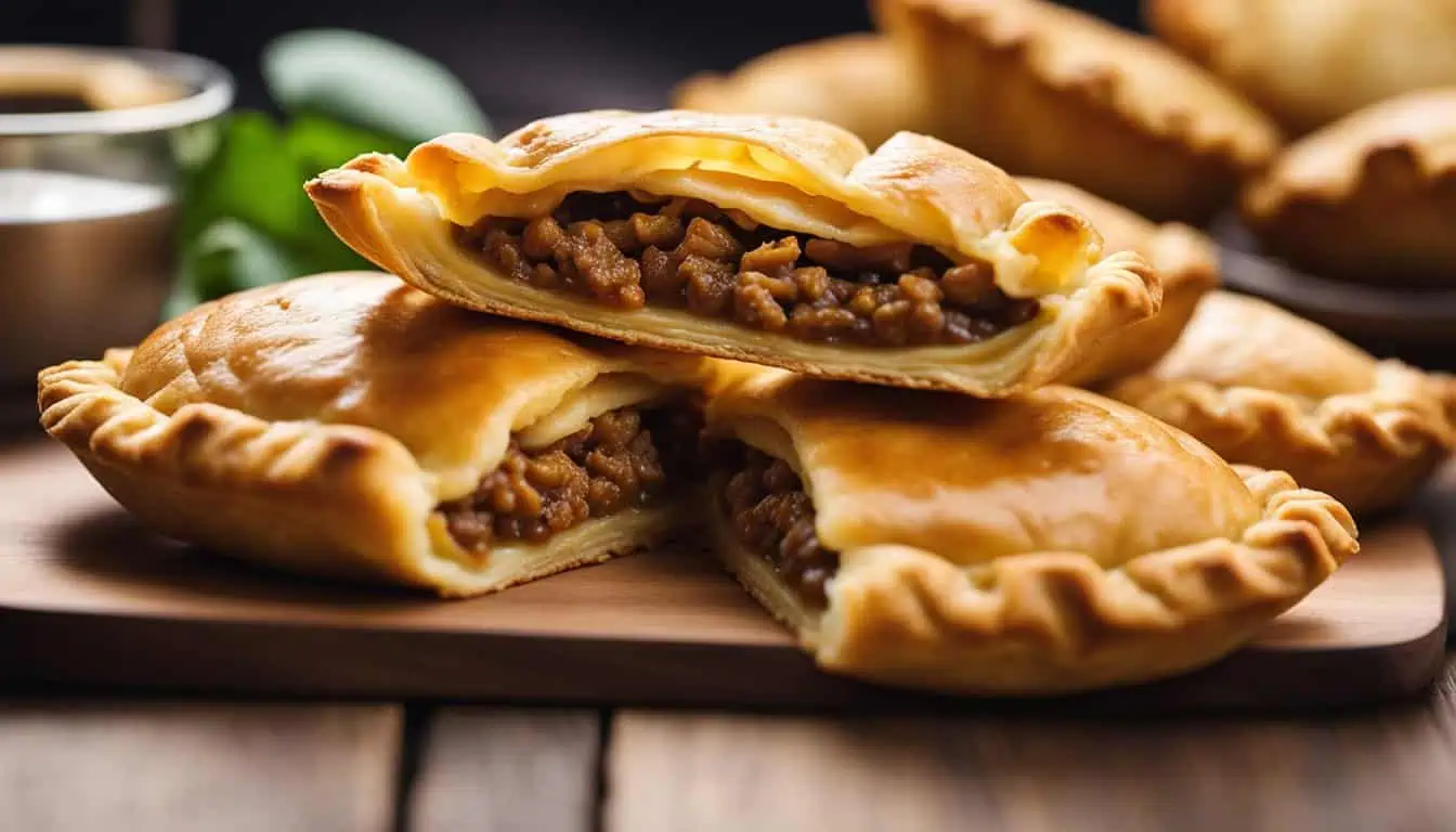 A close-up view of a delicious curry puff filled with savory meat and melted cheese, showcasing its golden crust.