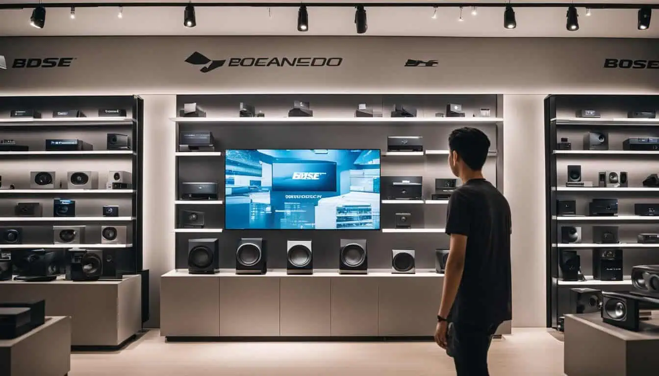 A customer inspects a selection of speakers in a retail store, highlighting the best desktop audio choices in Singapore.