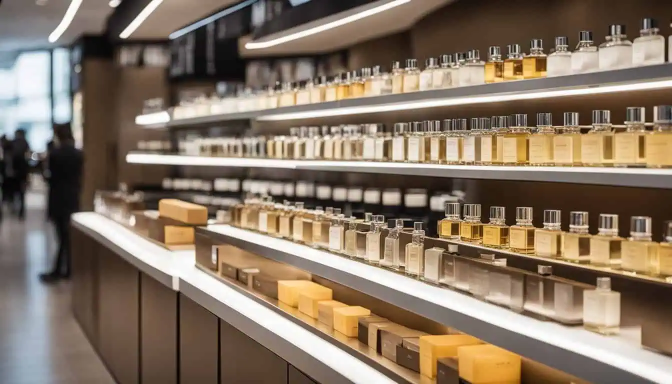 A well-organized store featuring a variety of perfume bottles on shelves, a top destination for diffusers in Singapore.